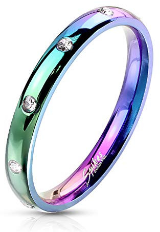 Bungsa Damenring mit 10 Kristallen aus 316L Edelstahl 3 mm (bunt, 62 (19.7))