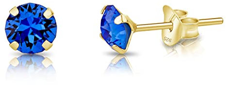DTPsilver * Petites * Boucles d'oreilles/Clous en Argent Fin 925 Plaqué Or Jaune et Cristaux de Swarovski® Elements Ronds - Diamètre: 5 mm - Couleur: Saphir Bleu
