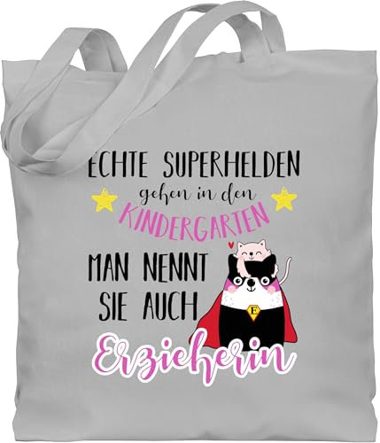 Baumwolltasche - Beruf und Job Geschenke - Echte Superhelden gehen in den Kindergarten - Erzieherin - Unisize - Hellgrau - abschiedsgeschenk kiga kollegen geschenk arbeit beutel weihnachten katze