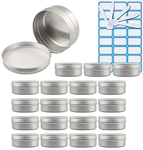 ZEOABSY 20 Stück Leere 150 ml Rund Silber Aluminium Tins mit Schraub-Deckel Schraubdose Cremedose Alu-Tiegel Dosen Aludose Blechdosen für Kosmetik Kerze Salben 5X Spatel, 1x Etikette