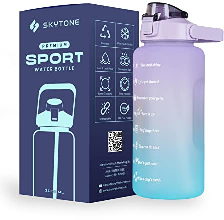 SKYTONE® Spirit GYM Gallon Bouteille d'eau de motivation avec marqueur de temps, grande capacité de 2 000 ml, anti-fuite, sans BPA, pour fitness, sport (violet)