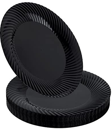 STACKABLES ~ Pack of 20 Hard Lightweight Plastic Plates ~ 7 Black Plate with Seashell Rim ~ Reusable Multi Use Dinnerware Plates for Receptions Weddings Parties Events & Table Decoration