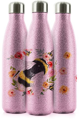 Hairyworm Personalised Water Bottle Customised with Name, BPA Free, 500ml Pink, Blue, Gold, Silver, White, Smooth, Glitter Stainless Steel Flask for Hot and Cold Drinks, Pink Rose Garden Bee Bottle