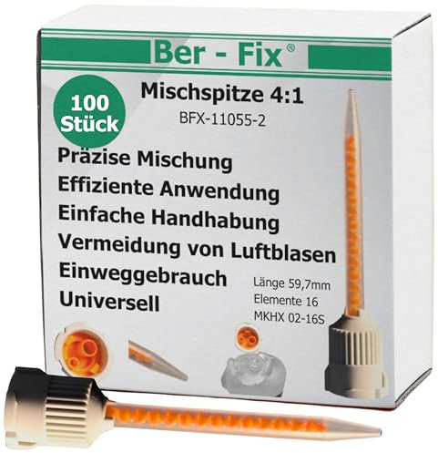 Ber-Fix 100x 4:1 Statikmischer MKHX 02-16S für 2K-Cyanacrylat, Epoxidharz & Mehr Präzises Mischrohr für Klebstoffe