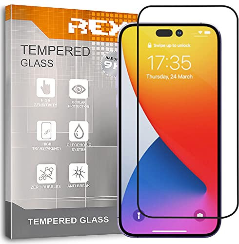 REY Protector de Pantalla Curvo para iPhone 14 Pro MAX 6,7, Negro, Cristal Vidrio Templado Premium, 3D / 4D / 5D, Anti Roturas