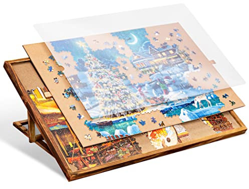 Becko US 1000 Piece Jigsaw Puzzle Board with Clear Cover, Jigsaw Puzzle Table Double Sided Board with Adjustable Wooden Storage Puzzle Easel Portable Jigsaw Puzzles Plateau for Adults and Kids