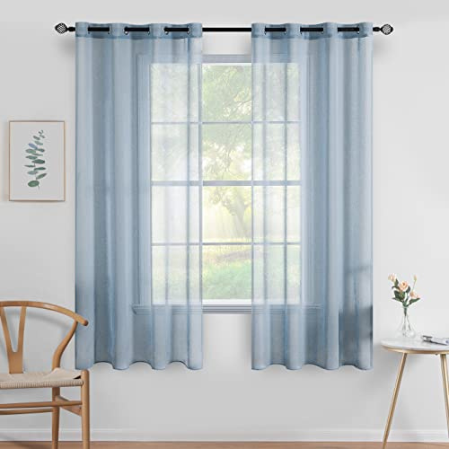 MIULEE Kurzvorhang mit Ösen transparent 140x137 cm 2er Set Staubiges Blau | Sheer Voile Kurzgardine und Ösenschal, lichtdurchlässiger luftig Vorhang für Küche, Wohnzimmer, Schlafzimmer, Bad, dekorativ
