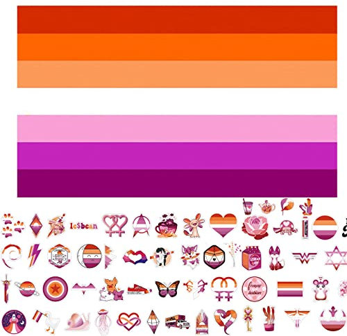 GoldRock Bandiere (B-Lesbian Flag+Sticker), bandiera lesbica 150 x 90 cm + 60 adesivi, bandiera lesbica Pride Flag, bandiera lesbica Pride Merch per interni, esterni, LGBTQ, Pride Events
