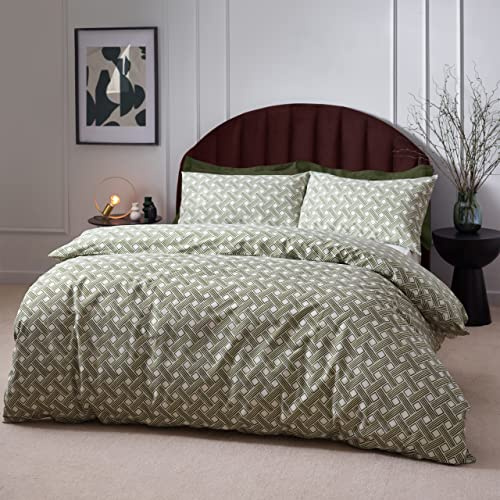 furn. Hoem Alexa Duvet Cover Set – Earthy Geometric Cotton Rich Easy Care Bedding (Olive - Single)