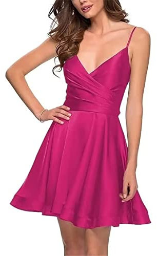Vestidos cortos de satén de regreso a casa para jóvenes, adolescentes, tirantes delgados, fiesta de graduación, vestidos, fucsia, 58 Más