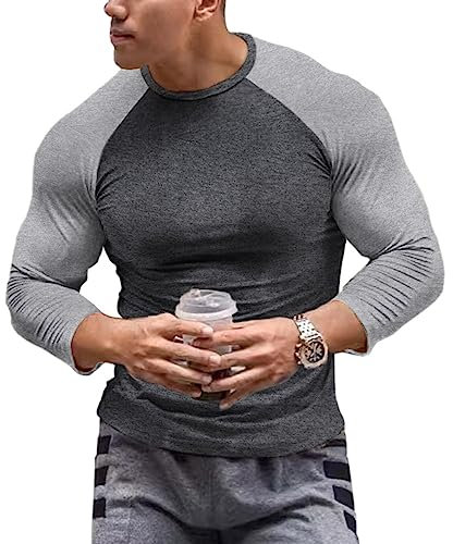 Herren Muskeln Raglan schneiden T-Shirts mit 3/4 Hülse Fitness Trainiert T-Shirt Dunkelgrau-Hellgrau M