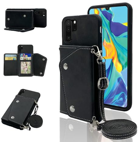 Elisorli Phone Cover for Huawei P30 Pro Wallet Case with Crossbody Shoulder Strap and Leather Stand Credit Card Holder Mobile Flip Purse Cell Accessories Hawaii P30Pro P 30 Pro30 Girls Women Men Black
