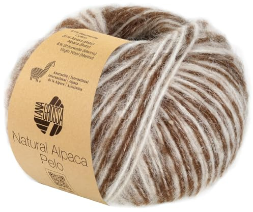 LANA GROSSA Natural Alpaca Pelo | Flauschige Netzgarnstruktur aus Baumwolle gefüllt mit Baby Alpakafasern und Merino Schurwolle | 50g Wolle zum Stricken & Häkeln | 125m Garn FB208