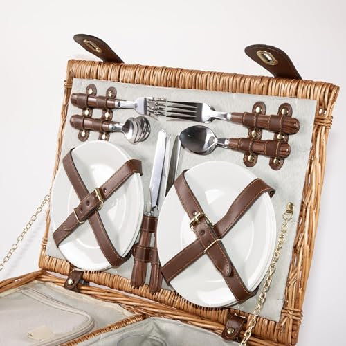 Wickerfield Picnic Basket for 2/4 People, Insulated Small Wicker Picnic Baskets with Lid, Cooler Compartment, Wicker Basket Picnic Hamper Set 2 Person / 4 Person (4 People, Brown)