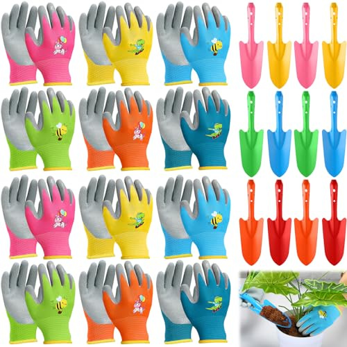 Gisafai Mini-Handschaufel und Handschuh, bunt, aus Metall, Schaufel, Spaten, Handschuhe, Grabkelle für Kinder, Gartenhandschuhe, 12 Stück, 27,9 x 7,6 cm, Gartenschaufel, 12 Handschuhe für Kinder