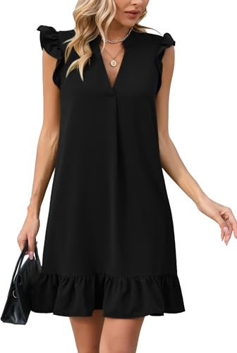 Famulily Ladies Plus Size Dresses Summer Deep V-Neck Cap Sleeve Ruffle Hem Smock Mini Dress Black S