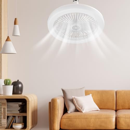 Umikk - Ventilatore da soffitto da 40 W, con illuminazione LED E27 e telecomando, 28 cm, con funzione temporizzazione
