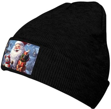 Weihnachtsmütze mit Weihnachtsmann-Motiv, bedruckt, für Herren und Damen, warm, Schwarz, Schwarz, Einheitsgr��e
