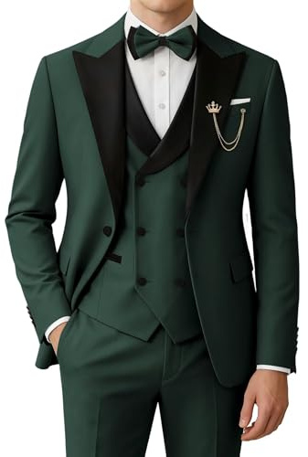 SPTALLFITJSV Men's Tuxedo Suits 3 Piece Slim Fit Formal Wedding Prom Dinner One Button Suit Set with Trousers and Bow Tie, Dark Green, XXL