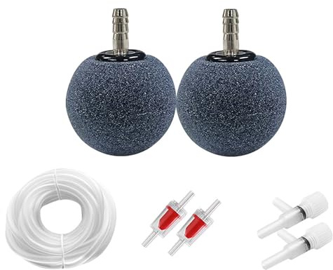 Holzsammlung Bulleur Aquarium, 50 mm Bulleur Aquarium Silencieux, Diffuseur d'Oxygène Rond avec 2 Nano Bubble Air Stone, 6 m Tuyau Air, 2 Clapets Anti-Retour, 2 Vannes Régulation en Plastique