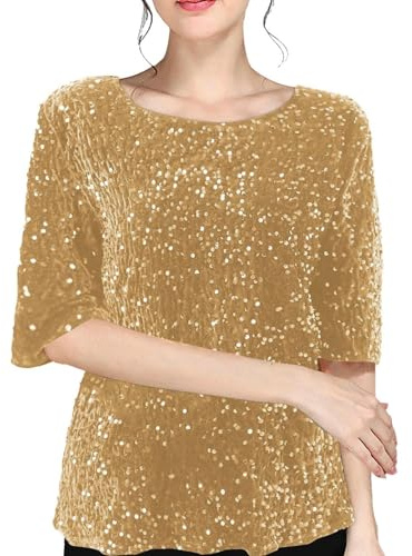 Sequin Blouse for Women UK Shimmer Glitter Shirts Sparkle Tops 3/4 Sleeve Crew Neck Tshirts Loose Fit Elegant Tee Shirt Party Club Casual Soft Comfy Tunic Top Ladies Plus Size 8-18