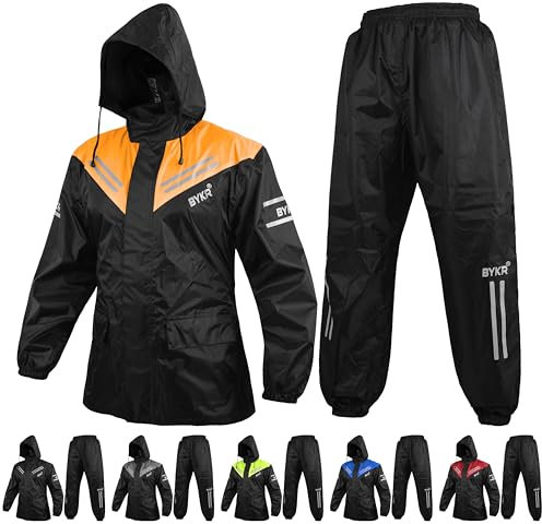 BYKR Wasserdichter Motorrad-Regenanzug für Damen und Herren, 2-teilig, atmungsaktiv und winddicht, Schutz vor nassem Wetter, Orange/Abendrot im Zickzackmuster (Sunset Chevron), Medium