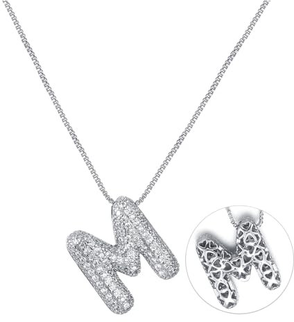 RWQIAN Bubble Buchstaben Kette Silber M Damen Balloon Initialen Haskette Bling Zirkonia Buchstaben Kette Anhänger Blase Letter Schmuck Geschenke für Frauen