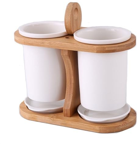 GLigeT Egouttoir Couvert Caddie À Couverts En Céramique Et Bambou 2 Pièces Avec Support, Porte-Ustensiles Pour Comptoir De Cuisine, Organisateur De Rangement Pour Couverts Avec Bac De Vidange