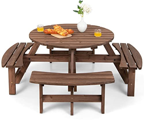 COSTWAY Set Tavolo da Giardino con 4 Panche Integrate, Legno Massiccio, con Foro Ombrellone, per 4-8 Persone, Tavolo Rotondo da Picnic per Esterno, Ogni Panca Porta 225 kg, 178 x 178 x 70 cm