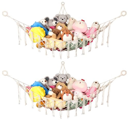 WUFANC 2er-Pack Kuscheltier Aufbewahrung Netz, Boho Makramee Stofftier Aufbewahrung Hängend Spielzeug Organizer für Kinderzimmer Deko - Netz für Kuscheltiere Einfach Organisieren und Aufbewahren