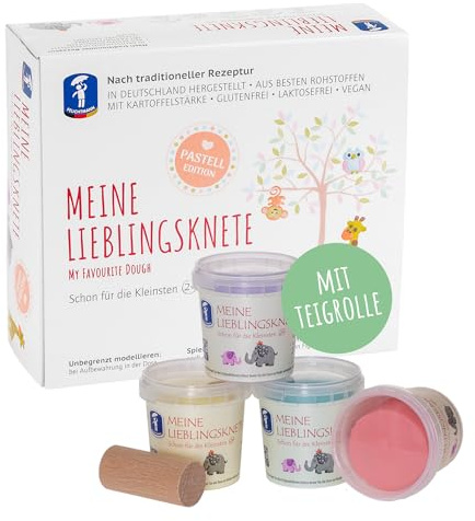 Feuchtmann MEINE LIEBLINGSKNETE Pastell Edition mit Teigrolle - Knetset 4x150g, vegane glutenfreie Knete, Kinderknete ungiftig, Spielknete für kreatives Spielen
