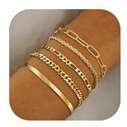 ORAZIO Women's 5-6Pcs Adjustable Stacking Bracelets - 14K Gold Plated Twist Rope Snake Figaro Cuban Chain Bracelets, Waterproof Gold Jewellery