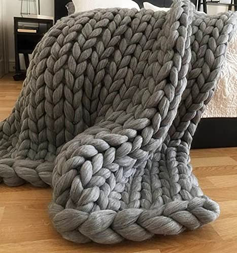 Handgefertigte Grobstrickdecke, Überwurf, warm, weich, gemütlich, Wollmischung, handgefertigt, grau, Grobstrick-Überwurf, Decke, 80 x 100 cm