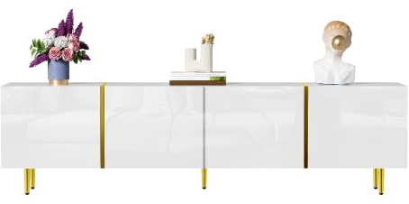 HAINEW TV-Schrank TV Lowboard mit 4 Türen, Moderner Hochglanz 170cm Lang Fernsehtisch TV-Regal Fernsehschrank TV-Bank mit Goldene Beine für Wohnzimmer und Schlafzimmer, 170×35×46cm (Weiß)