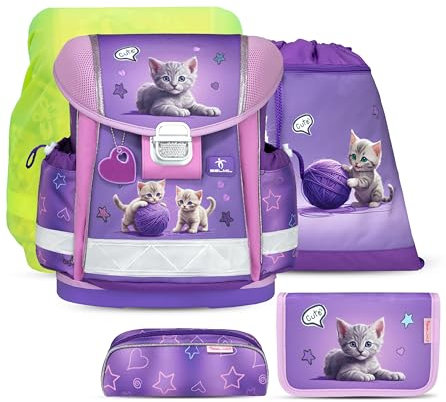 Belmil Schulranzen Set 403-13/AG/S/R 5 - teilig ergonomischer Schulranzen Set mit Regenschutz 1. klasse 2. klasse 3. klasse - Super Leicht 930-990 g/Grundschule (Little Kittens)