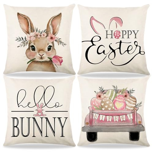 Xevinas Ostern Deko Kissenbezug 45x45, 4er Set Kissen Ostern Kissenbezug Frühling Kissenhülle Ostern Strapazierfähig Weich Und Pflegeleicht, Zierkissen & -hüllen Mit Osterhasen Ostereier Deko (B)
