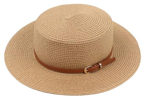Bqxxdeo Sombrero de paja plano para mujer, versión coreana, ala corta, sombrero de playa, Cinturón marrón, 6 3/4-7 1/8