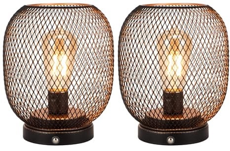 JHY DESIGN 2er-Set LED-Tischlampe mit Batteriebetrieb, Touch-Funktion, kabellos, wiederaufladbar über USB, 18 cm hoch, Metallkäfig, Nachttischlampe im Vintage-Stil für Wohnzimmer, Schlafzimmer, Garten