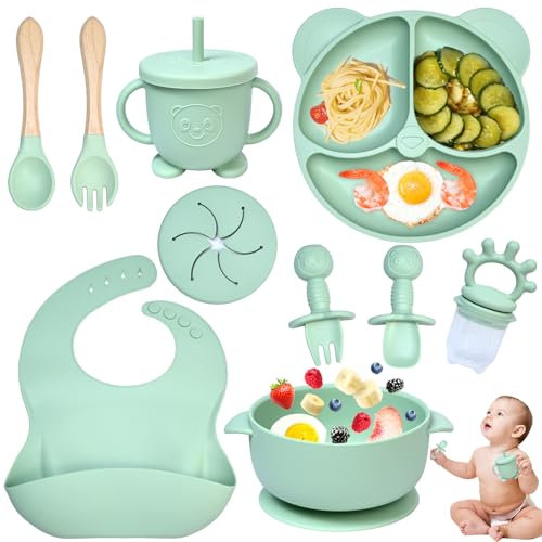 Dazhtu 10 pcs Baby Weaning Set Silicone Baby Feeding Set with Suction Bowl, Adjustable Bib,Cup,Fork & Spoo,Silicone Plate Baby, Food Plate Kit, Ideal Baby Feeding Set for Baby Gifts, Green