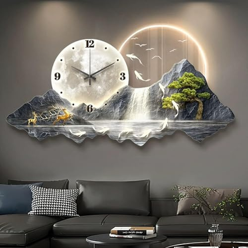 3D Wandskulpturen aus Malerei, moderne Wanddekoration für Wohnzimmer, Restaurant, Panoramalandschaft, Wandbilder mit Uhr, LED-Licht-Hängebilder, Wanddekorationen (Größe