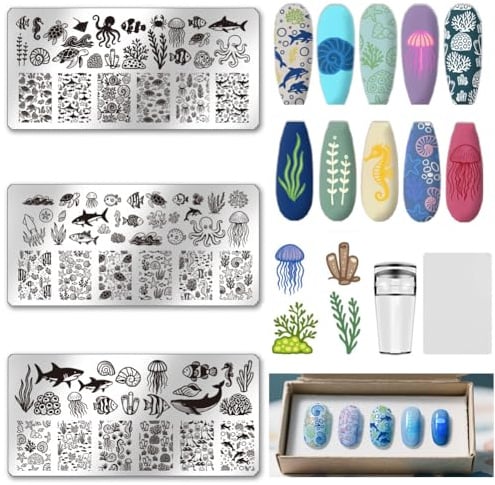UNICRAFTALE 3Pcs Ensemble de Plaques de Tampon pour Ongles D'Été Série Océan Pochoirs pour Ongle Tortues Requin Méduse Conque avec Grattoir à Ongles pour Femmes Outils de Conception D'Ongles