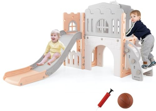 COSTWAY Kinder Rutsche, 9 in 1 Kinderrutsche mit Basketballkorb, Klettergerüst, Tunnel, Teleskop & Stauraum, Kinder Spielplatz, Indoor Outdoor, Kleinkinderrutsche ab 1 Jahre alt (Pink+Grau)