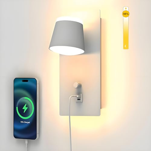 Sytmhoe Weiße Wandleuchte Mit Schalter USB Type C Ladeanschluss, 16W 3000K Dimmbar Led Wandlampe Innen Weiß, Aluminium Modern Bett Wandlicht Wandleselampe Für Schlafzimmer Wohnzimmer Treppe Wohnung