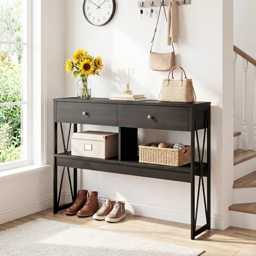 Manora Console d'Entrée 100cm avec 2 Tiroirs et Étagère, Table de Rangement Style Industriel en Bois Foncé et Métal Noir pour Salon, Couloir, Hall