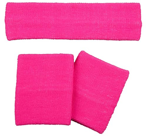 TrendandStylez Schweißband-Set, 2 Armbänder und 1 Stirnband, 80er Jahre, Tennisspieler, Trainingsanzug, Karneval, Retro (Pink)