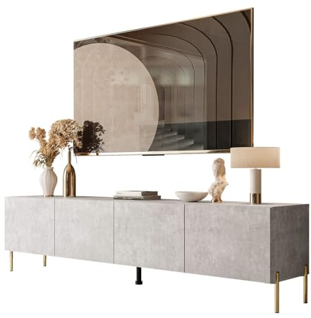 Lookway Moderner TV-Schrank in Beton auf geraden Boho-Beinen – COLGANTE 200 cm (Beine: Gold Chrom)