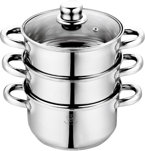 Royal Swiss® Edelstahl Dampfgarer 3-teilig Ø26 cm – Gesund & vitaminschonend kochen – Für Induktion, Gas & Elektro – Glasdeckel mit Dampfauslass – Spülmaschinengeeignet & stapelbar (26 cm)