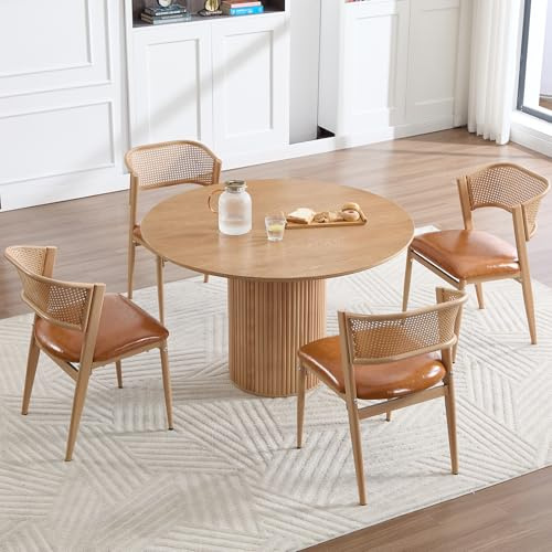 DAYALANE Rattan Esszimmerstühle 4er Set, Vintage Küchenstuhl Polsterstuhl mit Holzbeinen, PU Leder Essstühle für Esszimmer Wohnzimmer Küche Schlafzimmer, Braun