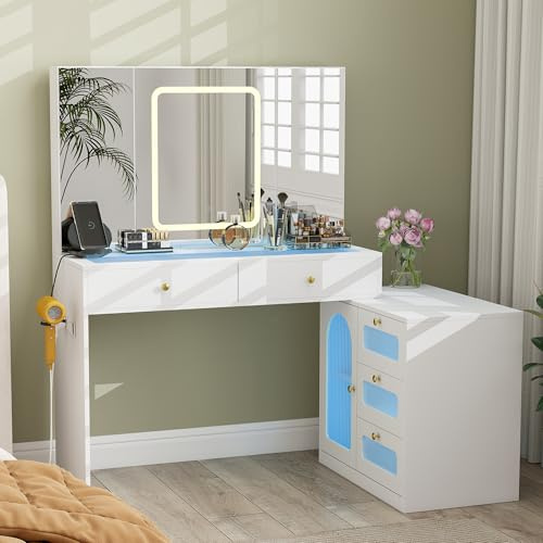 Pamapic Schminktisch mit Spiegel & LED Beleuchtung, Schminktisch mit Glasplatte & 5 Schubladen,1 Schrank, Eckschminktisch mit Schmuckschrank, Kosmetiktisch mit Steckdose, L-förmig, Weiß