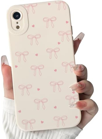 NITITOP for iPhone XR Case Cute Bow Love Heart, Pink | for Women Girls, Aesthetic Ribbon Bowknot Pattern, Color Back Soft TPU Shockproof Cover, Full Camera Protection